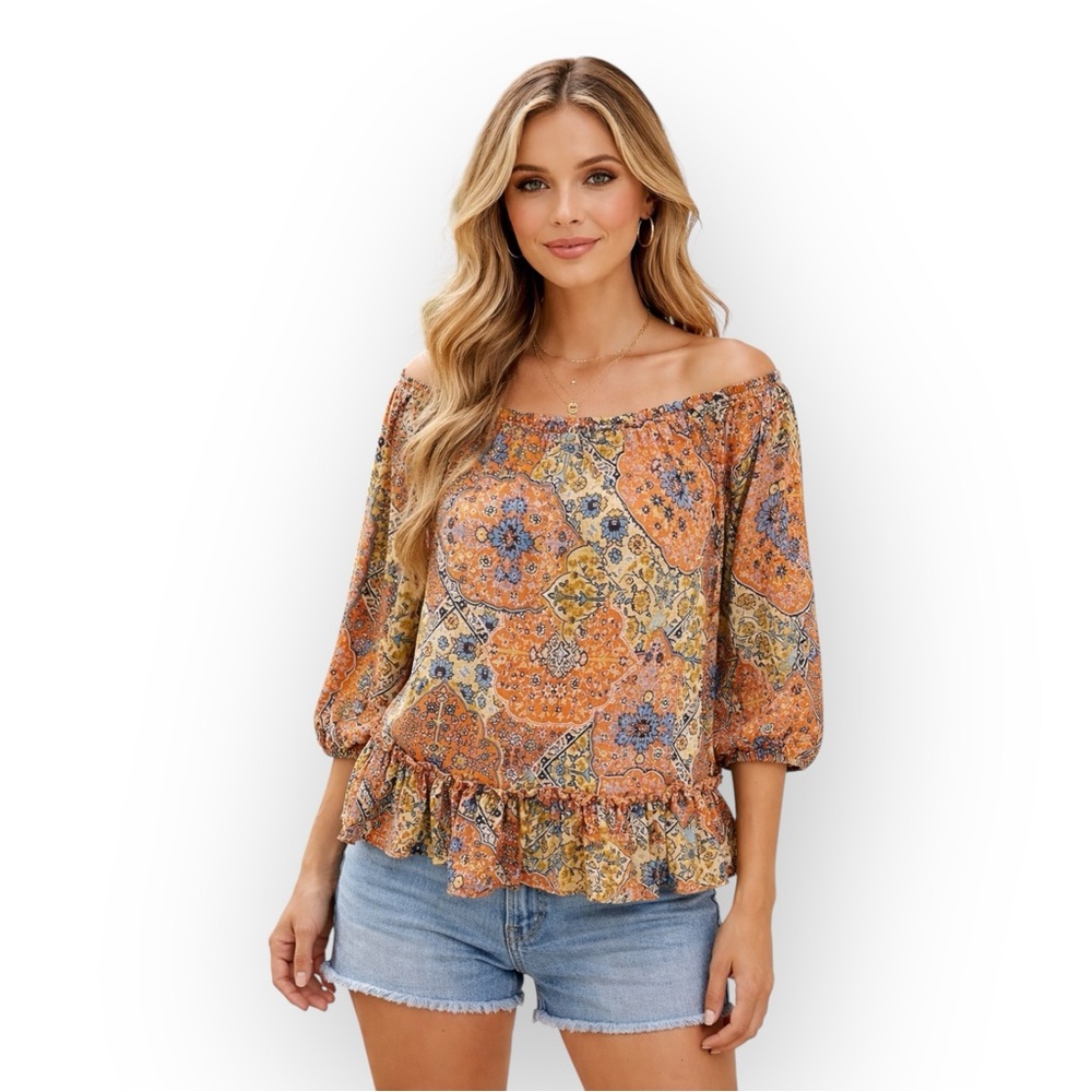 Nordstrom MELLODAY Boho Off-the-Shoulder Ruffle Hem Blouse in Floral Print SZ S